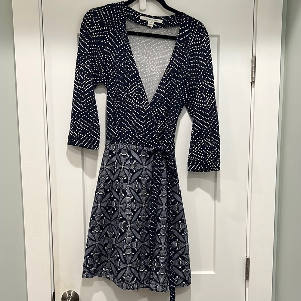 Elegant navy and White Patterned Wrap Dress